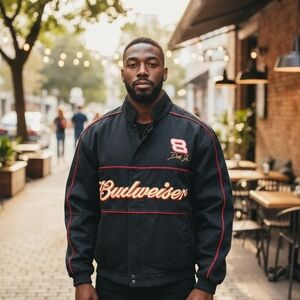 Winner’s Circle Men's Budweiser NASCAR Style Black Red Varsity Jacket Size L